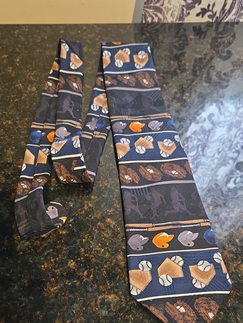Puritan Navy Tie with Tan, Orange and Blue Baseball Motifs
